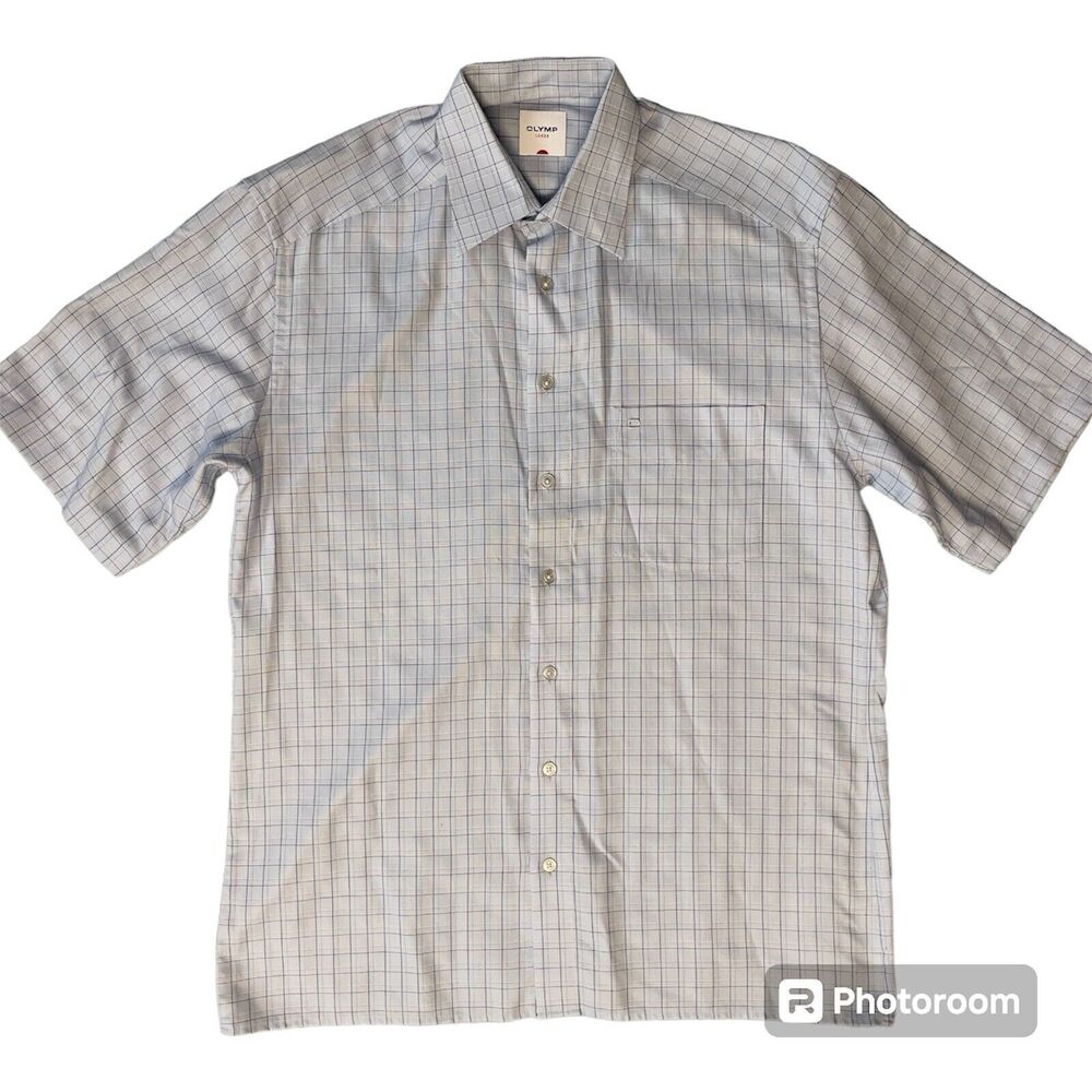 Olymp Luxor Button Up Dress Shirt Short Sleeves Checkered Pocket Front Men L EUC